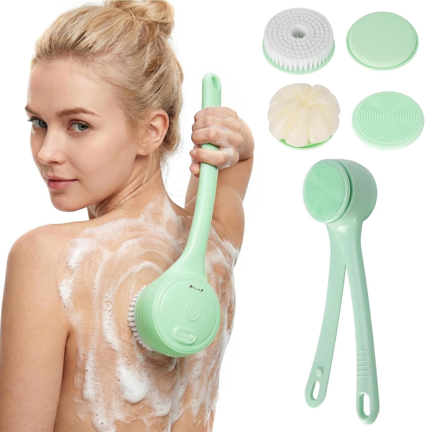 Electric Body Brush Back Scrubber for Shower,5 Replaceable Heads and Hook,Waterproof Long Dual Handle Power Body Scrubber 2 Speeds, for Cleansing Body, Exfoliating and Massaging Skin.