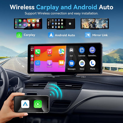 Portable Carplay Screen for Car, 10" Wireless Carplay & Android Auto Car Play Touchscreen with 1080P Backup Camera,Gps Navigation,Voice Control,5.0 Bluetooth (10Inch)