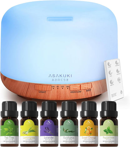 ASAKUKI Essential Oil Diffuser for Home, 500ML Aromatherapy Diffuser Humidifier with Remote Control, 7 Color LED Lights, Quiet Cool Mist Diffuser for Bedroom, Living Room, Office (Yellow)