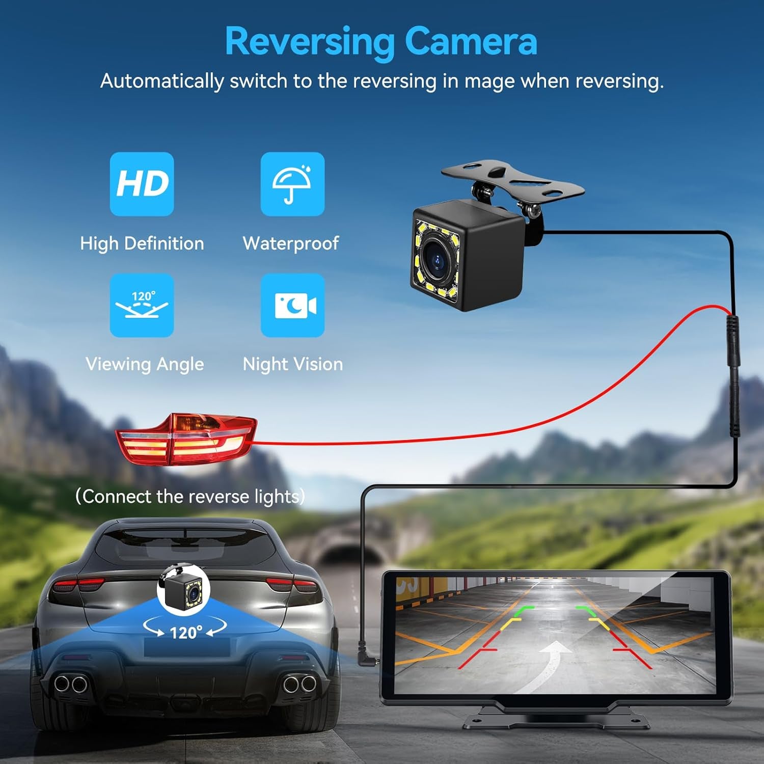 Portable Carplay Screen for Car, 10" Wireless Carplay & Android Auto Car Play Touchscreen with 1080P Backup Camera,Gps Navigation,Voice Control,5.0 Bluetooth (10Inch)
