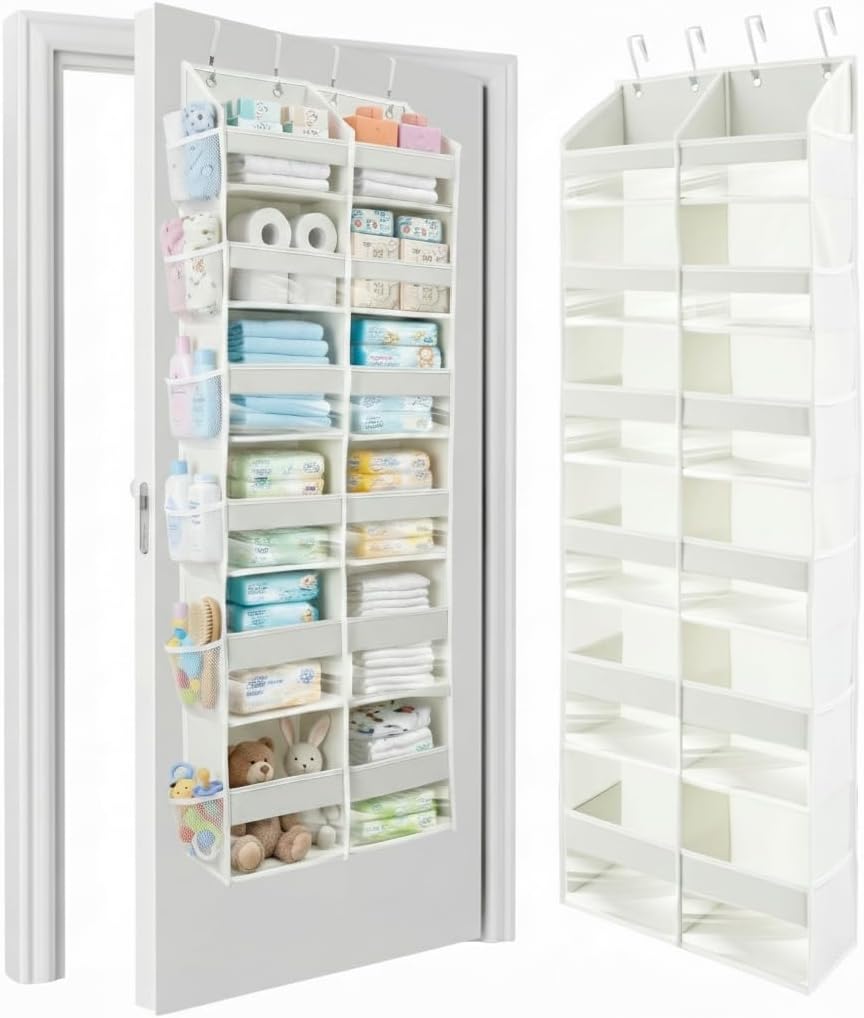 HOMELUX THEORY UPGRADED 6 Tiers over the Door Organizer Hanging - 100D EXTRA THICK & 50Lbs HUGE CAPACITY, 12 Side Mesh Pockets over the Door Shoe Organizer, Hanging Closet Organizer (Ivory, 1Pc)