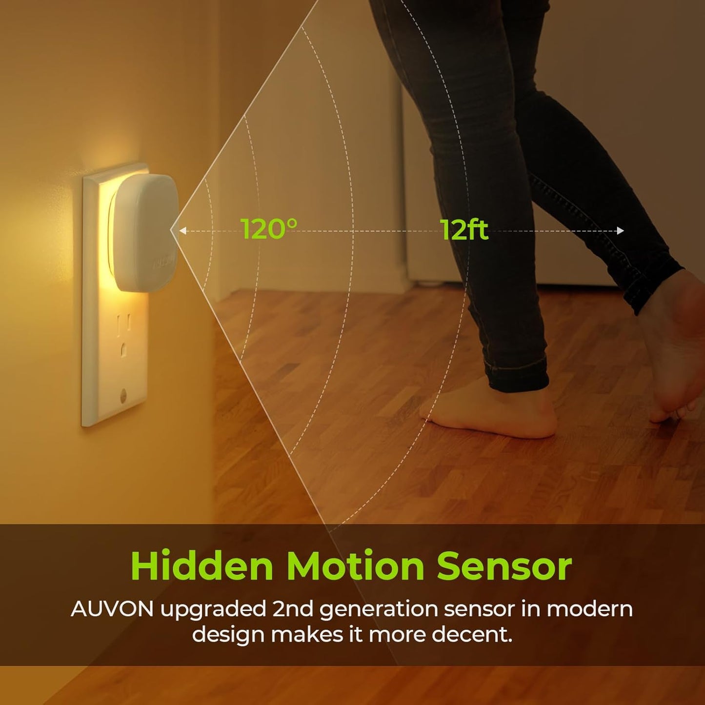 AUVON Plug-In LED Backlit Night Light with Motion Sensor & Dusk to Dawn Sensor, Dimmable Warm White Nightlight with 1-50 Lm Adjustable Brightness for Bedroom, Bathroom, Stairs, Hallway (4 Pack)