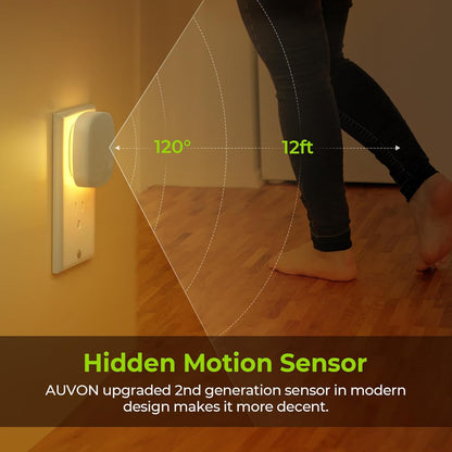 AUVON Plug-In LED Backlit Night Light with Motion Sensor & Dusk to Dawn Sensor, Dimmable Warm White Nightlight with 1-50 Lm Adjustable Brightness for Bedroom, Bathroom, Stairs, Hallway (4 Pack)