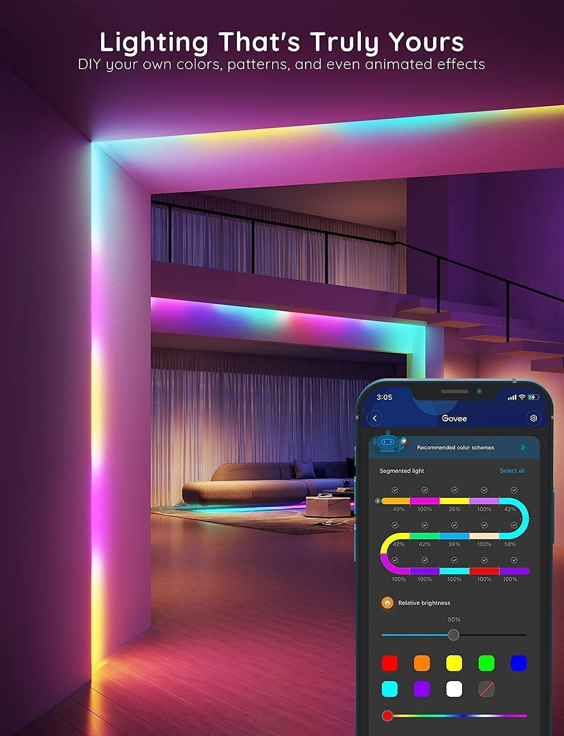 Govee RGBIC LED Strip Lights, Smart LED Lights for Bedroom, Bluetooth LED Lights APP Control, DIY Multiple Colors on One Line, Color Changing LED Strip Lighting Music Sync, Home Decor, 16.4Ft