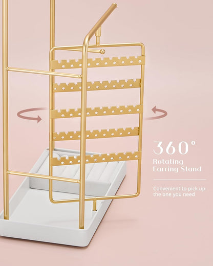 Procase Jewelry Stand Holder Organizer, Jewelry Display Storage with Ring Tray, Rotating Earring Bracelet Necklace Holder, Valentine'S Gifts Room Dorm Decor for Teen Girls -Gold (No-Assembly)