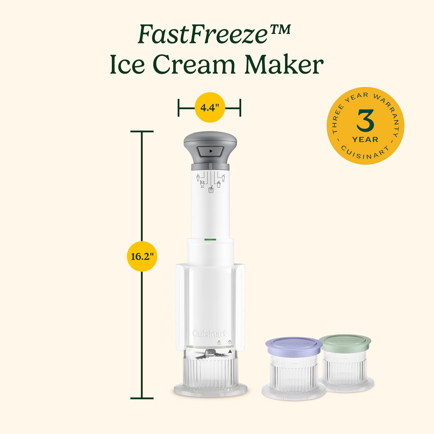 Cuisinart Fastfreeze 5-In-1 Ice Cream, Sorbet, Milkshakes, Slushies and Mix-In Frozen Dessert Maker, Compact Machine, Easy to Use, Includes 3 Mixing Cups with Lids, ICE-FD10