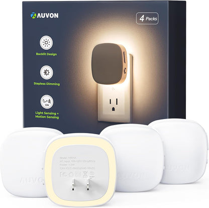 AUVON Plug-In LED Backlit Night Light with Motion Sensor & Dusk to Dawn Sensor, Dimmable Warm White Nightlight with 1-50 Lm Adjustable Brightness for Bedroom, Bathroom, Stairs, Hallway (4 Pack)