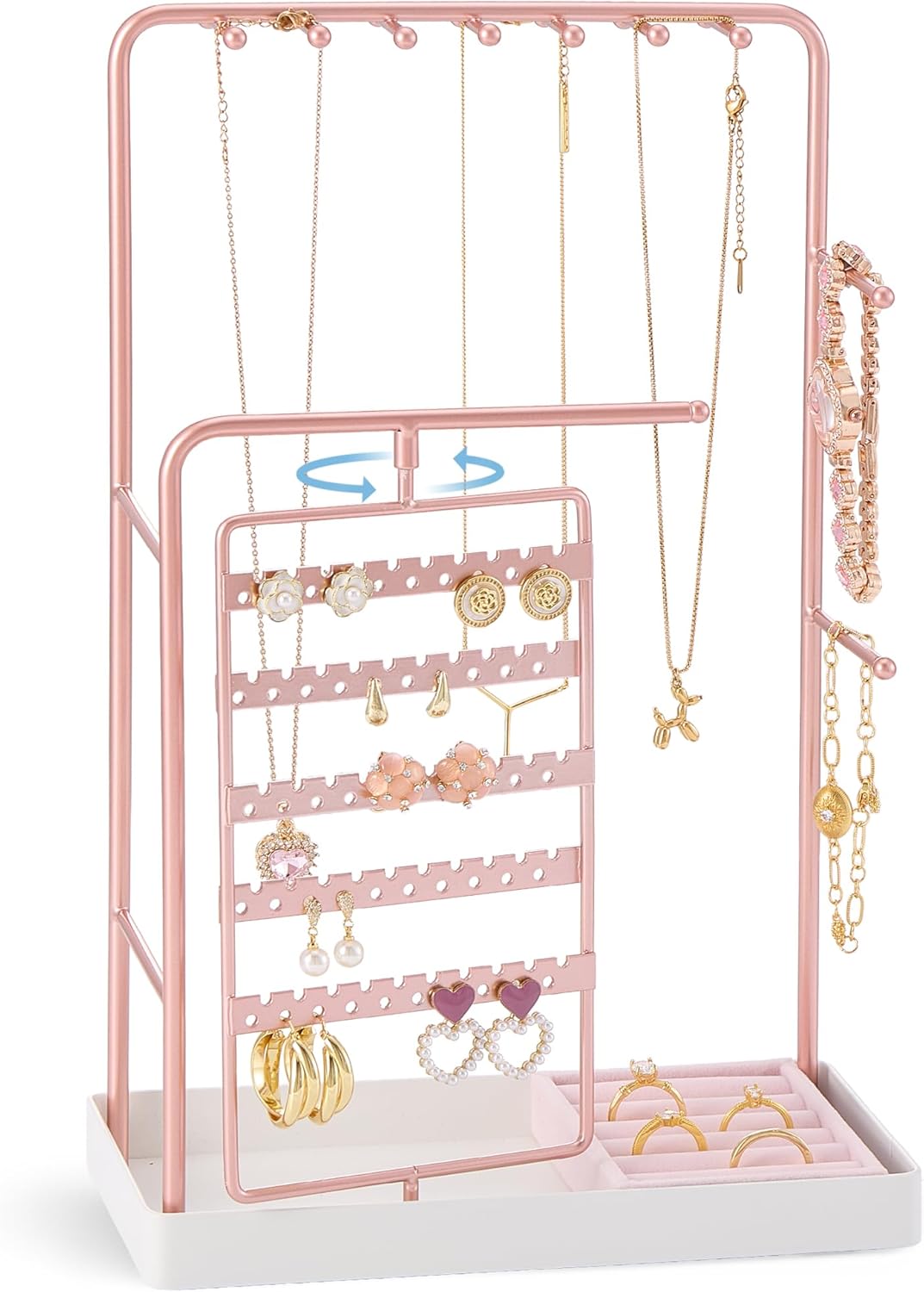 Procase Jewelry Stand Holder Organizer, Jewelry Display Storage with Ring Tray, Rotating Earring Bracelet Necklace Holder, Valentine'S Gifts Room Dorm Decor for Teen Girls -Gold (No-Assembly)