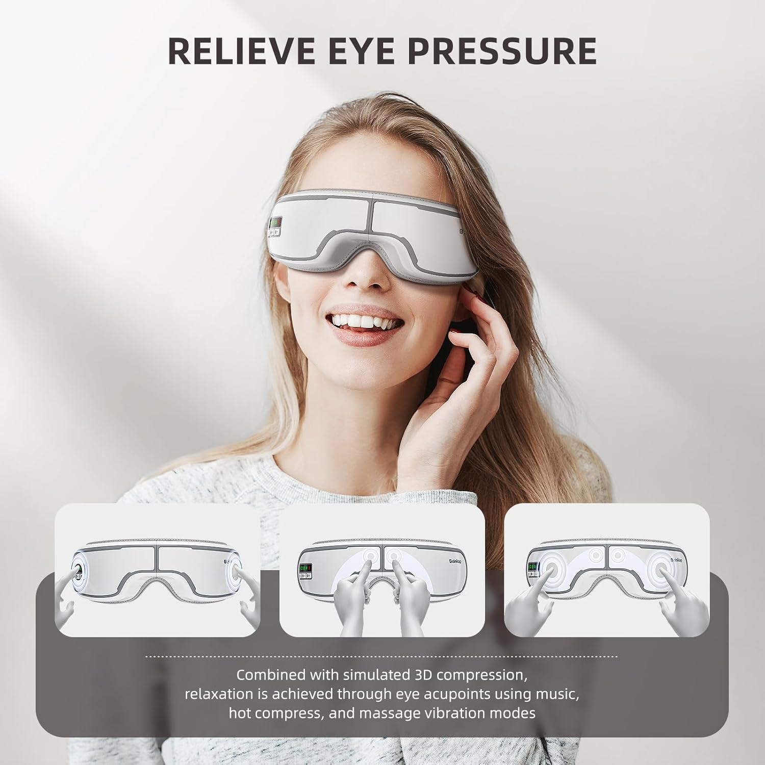 Eye Massager with Heat, Music, Compression, Adjustable Sleep Mask Massage Holiday Birthday Gifts for Women Men, Eye Massager for Migraine Reduce Stye Eye, Eye Strain Relief, Improve Sleep