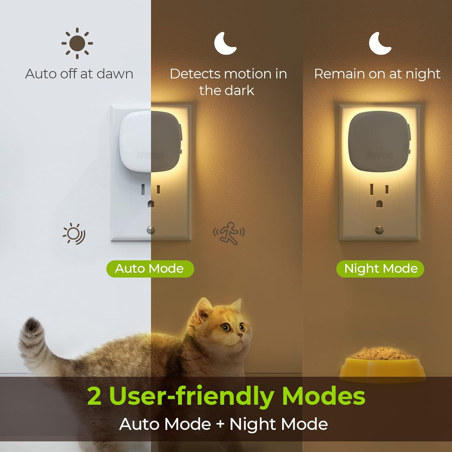AUVON Plug-In LED Backlit Night Light with Motion Sensor & Dusk to Dawn Sensor, Dimmable Warm White Nightlight with 1-50 Lm Adjustable Brightness for Bedroom, Bathroom, Stairs, Hallway (4 Pack)
