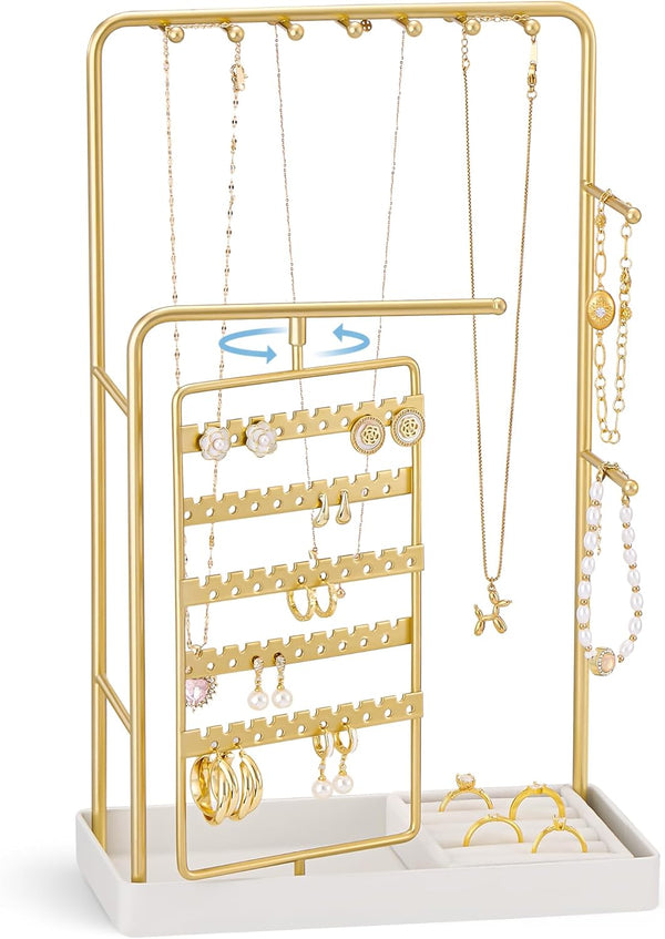Procase Jewelry Stand Holder Organizer, Jewelry Display Storage with Ring Tray, Rotating Earring Bracelet Necklace Holder, Valentine'S Gifts Room Dorm Decor for Teen Girls -Gold (No-Assembly)