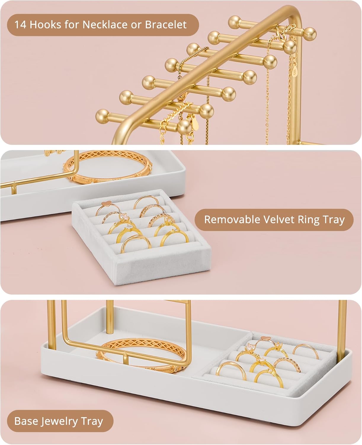 Procase Jewelry Stand Holder Organizer, Jewelry Display Storage with Ring Tray, Rotating Earring Bracelet Necklace Holder, Valentine'S Gifts Room Dorm Decor for Teen Girls -Gold (No-Assembly)