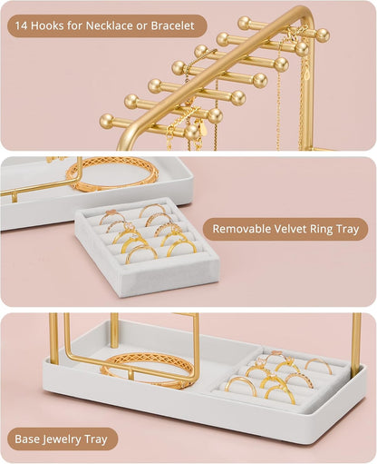 Procase Jewelry Stand Holder Organizer, Jewelry Display Storage with Ring Tray, Rotating Earring Bracelet Necklace Holder, Valentine'S Gifts Room Dorm Decor for Teen Girls -Gold (No-Assembly)