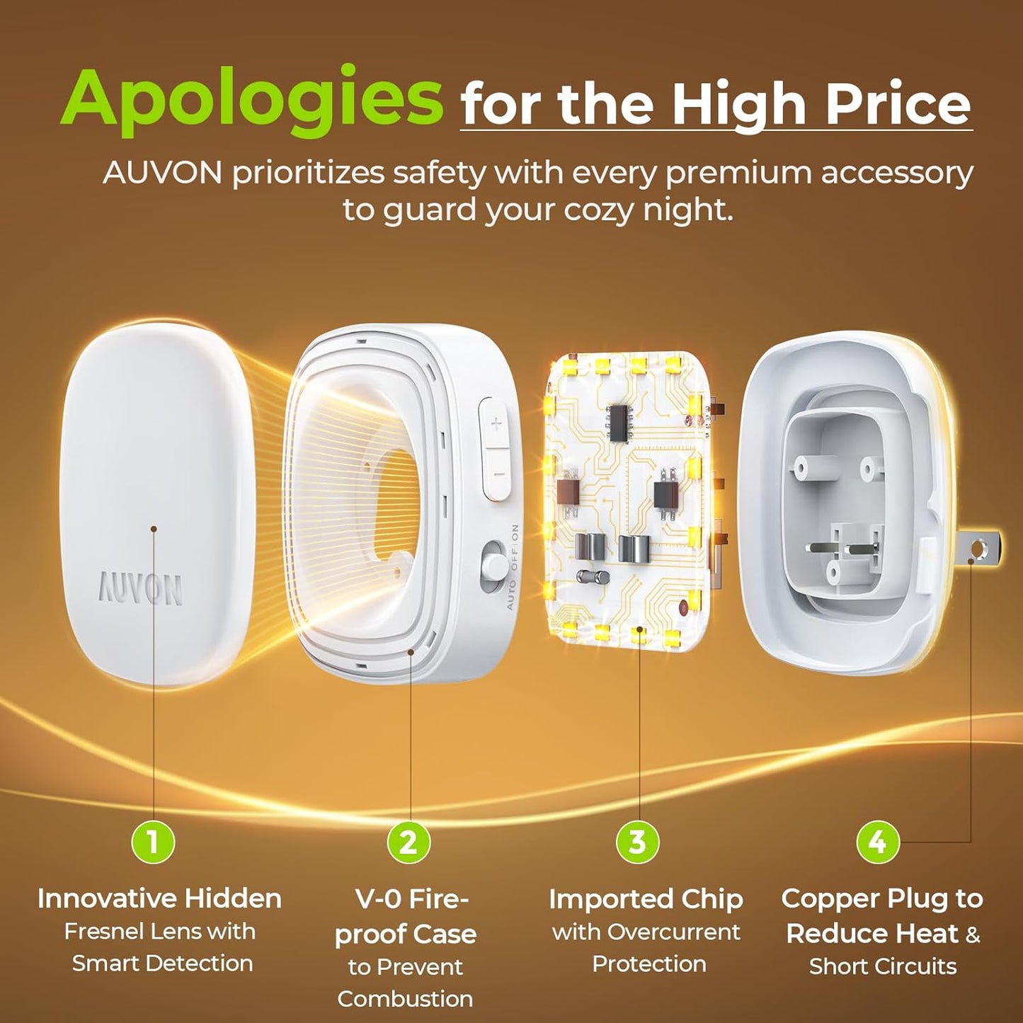 AUVON Plug-In LED Backlit Night Light with Motion Sensor & Dusk to Dawn Sensor, Dimmable Warm White Nightlight with 1-50 Lm Adjustable Brightness for Bedroom, Bathroom, Stairs, Hallway (4 Pack)
