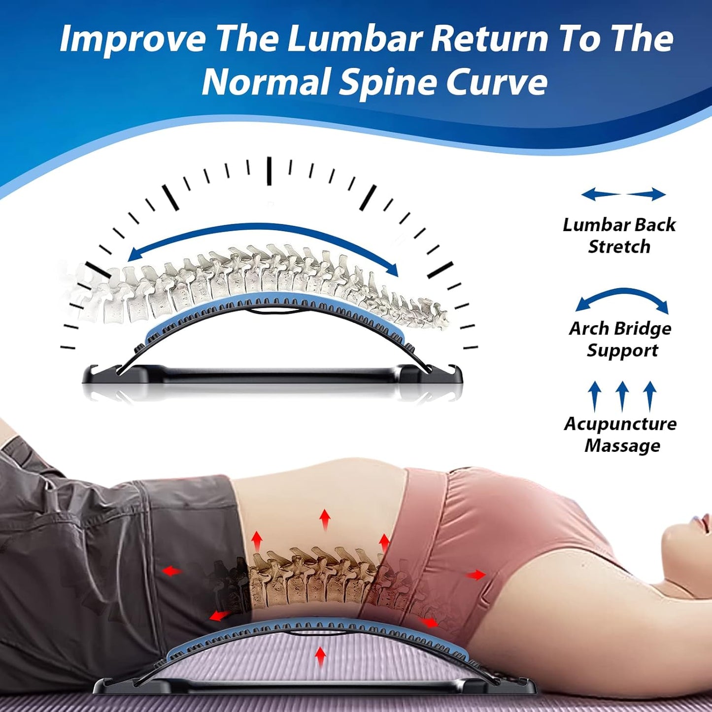 Back Stretcher for Lower Back Pain Relief, Multiple Level Adjustable Arch Lumbar Back Cracker Board, Back Cracking Device, Back Massager for Scoliosis, Spine Decompression Support