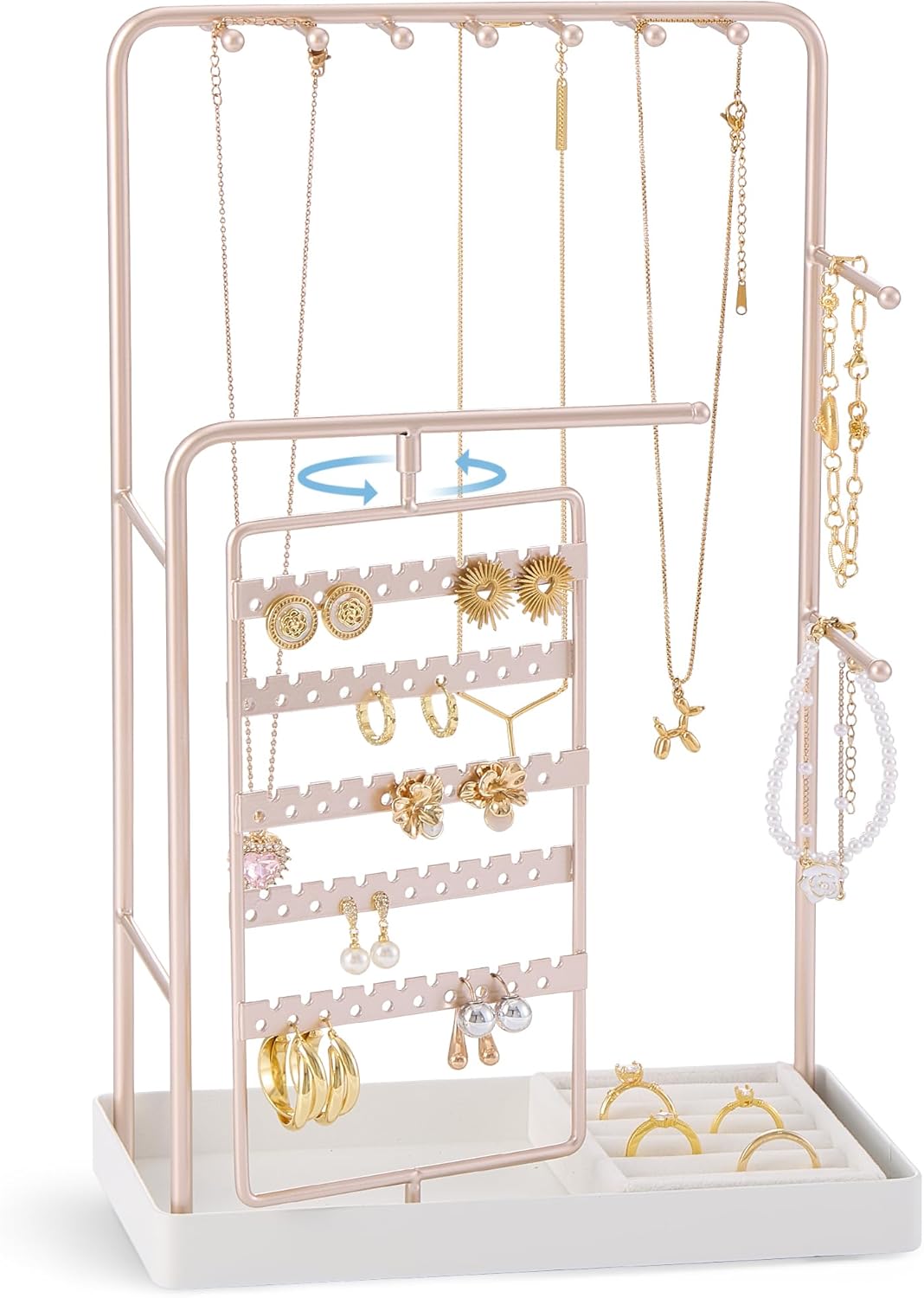 Procase Jewelry Stand Holder Organizer, Jewelry Display Storage with Ring Tray, Rotating Earring Bracelet Necklace Holder, Valentine'S Gifts Room Dorm Decor for Teen Girls -Gold (No-Assembly)