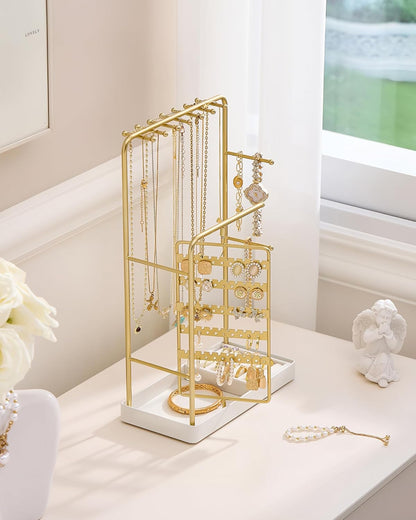 Procase Jewelry Stand Holder Organizer, Jewelry Display Storage with Ring Tray, Rotating Earring Bracelet Necklace Holder, Valentine'S Gifts Room Dorm Decor for Teen Girls -Gold (No-Assembly)