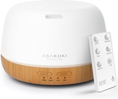 ASAKUKI Essential Oil Diffuser for Home, 500ML Aromatherapy Diffuser Humidifier with Remote Control, 7 Color LED Lights, Quiet Cool Mist Diffuser for Bedroom, Living Room, Office (Yellow)