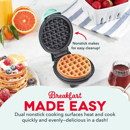 Dash Mini Waffle Maker- Compact Electric Iron for Creative Homemade Treats - Nonstick Surface - Easy-To-Clean - Perfect for Kids & Families - Aqua