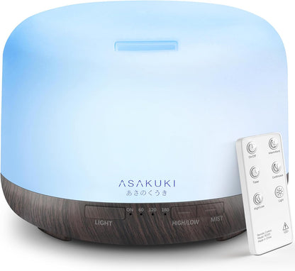 ASAKUKI Essential Oil Diffuser for Home, 500ML Aromatherapy Diffuser Humidifier with Remote Control, 7 Color LED Lights, Quiet Cool Mist Diffuser for Bedroom, Living Room, Office (Yellow)