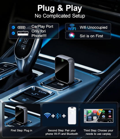 2026 Wireless Carplay Adapter for Iphone - No Audio Lag, 5S Auto-Connect- Convert Factory Wired to Wireless Carplay - Bluetooth 5.3 & 5Ghz Wi-Fi - Plug & Play (Includes USB A/C)