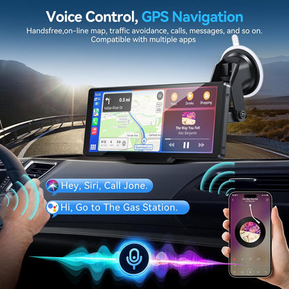 Portable Carplay Screen for Car, 10" Wireless Carplay & Android Auto Car Play Touchscreen with 1080P Backup Camera,Gps Navigation,Voice Control,5.0 Bluetooth (10Inch)