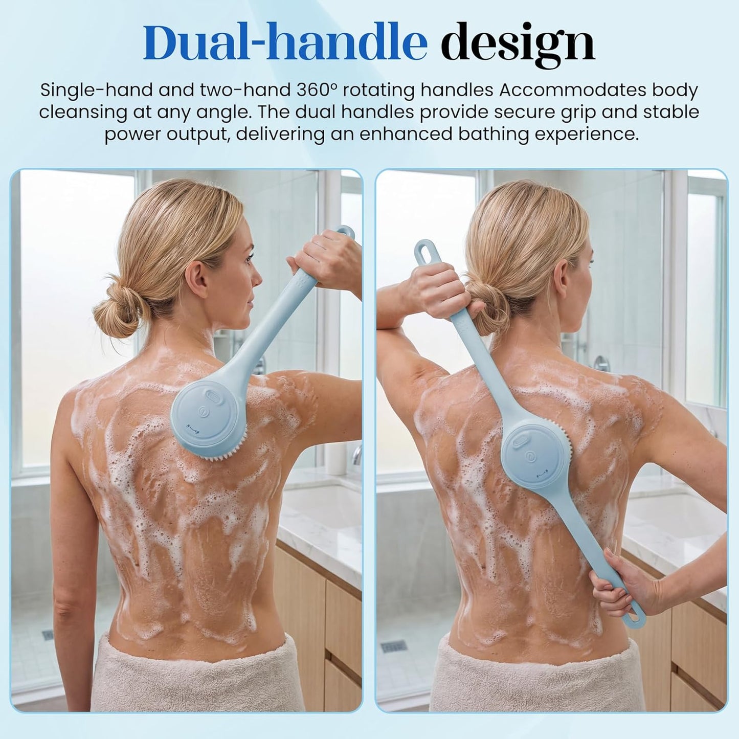 Electric Body Brush Back Scrubber for Shower，5 Replaceable Heads and Hook,Waterproof Long Dual Handle Power Body Scrubber 2 Speeds, for Cleansing Body, Exfoliating and Massaging Skin.