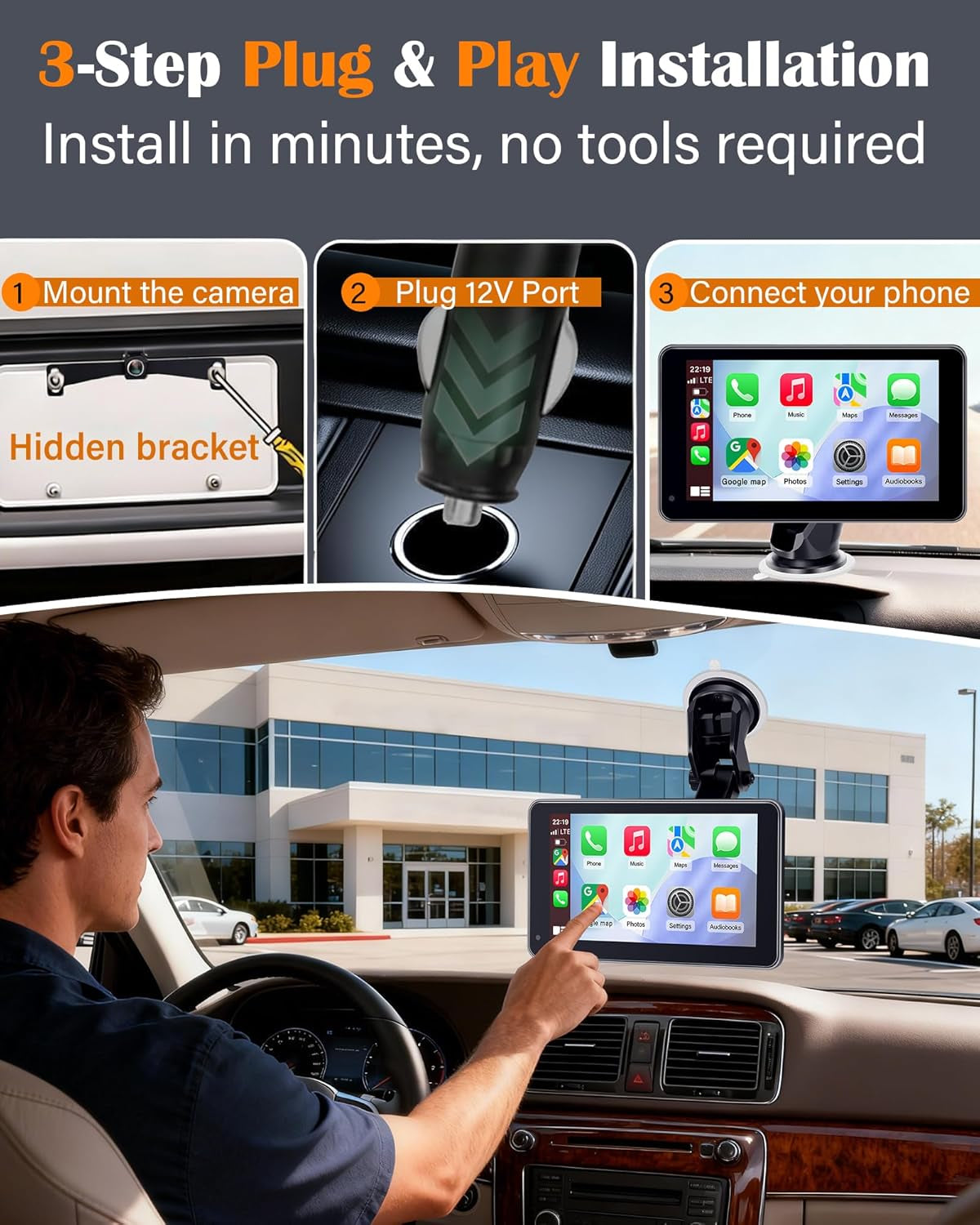 Portable Wireless Carplay Screen - 7-Inch Plug & Play No Dashboard Removal Upgrade for Older Cars - Compatible for Apple Carplay & Android Auto with Backup Camera