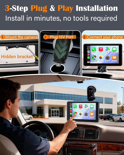 Portable Wireless Carplay Screen - 7-Inch Plug & Play No Dashboard Removal Upgrade for Older Cars - Compatible for Apple Carplay & Android Auto with Backup Camera