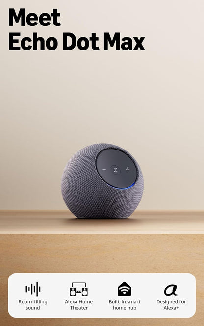 Echo Dot Max (Newest Model), Alexa Speaker with Room-Filling Sound and Nearly 3X Bass, Great for Living Rooms and Medium-Sized Spaces, Designed for Alexa+, Graphite