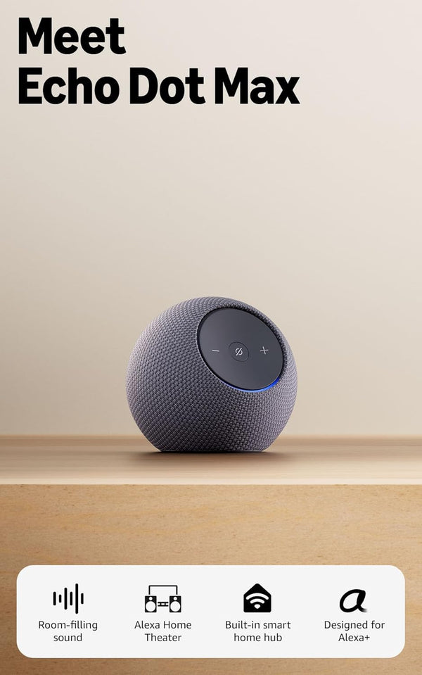 Echo Dot Max (Newest Model), Alexa Speaker with Room-Filling Sound and Nearly 3X Bass, Great for Living Rooms and Medium-Sized Spaces, Designed for Alexa+, Graphite