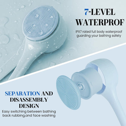 Electric Body Brush Back Scrubber for Shower，5 Replaceable Heads and Hook,Waterproof Long Dual Handle Power Body Scrubber 2 Speeds, for Cleansing Body, Exfoliating and Massaging Skin.