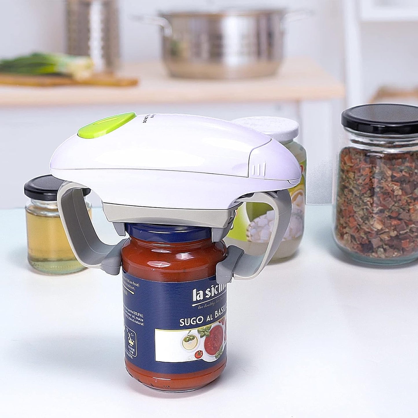 Electric Jar Opener, Kitchen Gadget Strong Tough Automatic Jar Opener for New Sealed Jars,The Hands Free Jar Opener with Less Effort to Open (White)