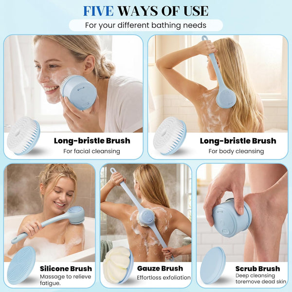 Electric Body Brush Back Scrubber for Shower，5 Replaceable Heads and Hook,Waterproof Long Dual Handle Power Body Scrubber 2 Speeds, for Cleansing Body, Exfoliating and Massaging Skin.